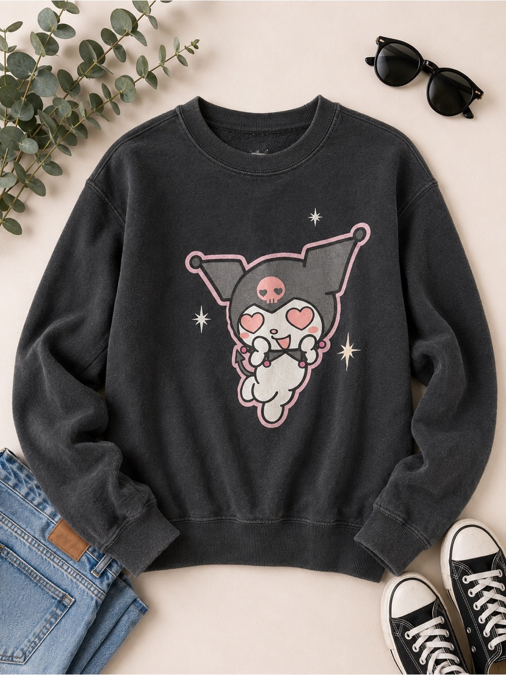 Kuromi Black Graphic Crewneck Sweatshirt | Sanrio | Pink Heart Skull | Women’s S